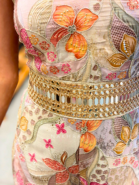 Kavrie Beige Floral Jumpsuit with Embroidery and Mirror Work