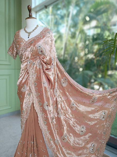 Celestine Peach Crushed Shimmer Silk Tissue & Silk Georgette Blend Saree