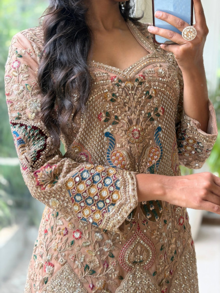 Gilded Heirloom Beige Tulle Net & Satin Silk Sharara Suit Set