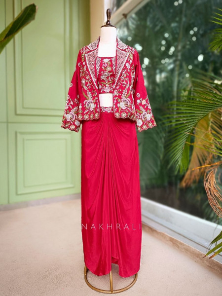 Kavira Red Embroidered Crop Top Skirt with Jacket Set