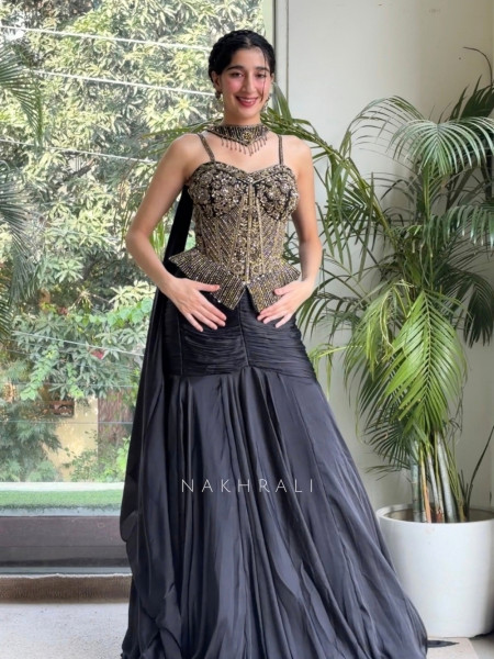 Onyx Black Matte Silk & Crepe Indo-Western Skirt Set