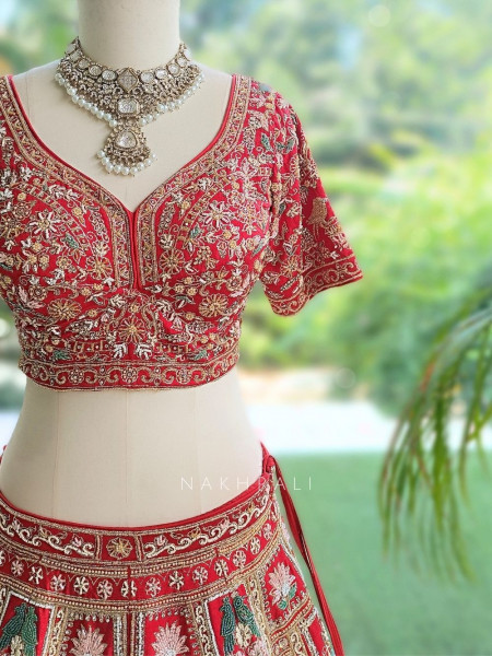 Shahi Vivah Bridal Red Raw Silk Bridal Lehenga Set With Zardozi, Pitta & Resham Work