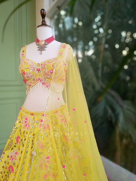 Yavika Yellow Floral Lehenga Set with Sequin and Bead Work