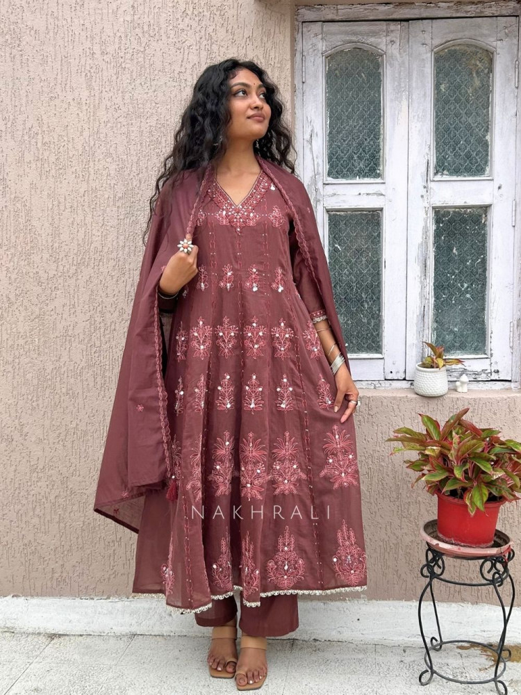 Image of Mrinmayi Wine Pure Mul Cotton Anarkali Suit Set With Thread Embroidery &amp; Mirror Work