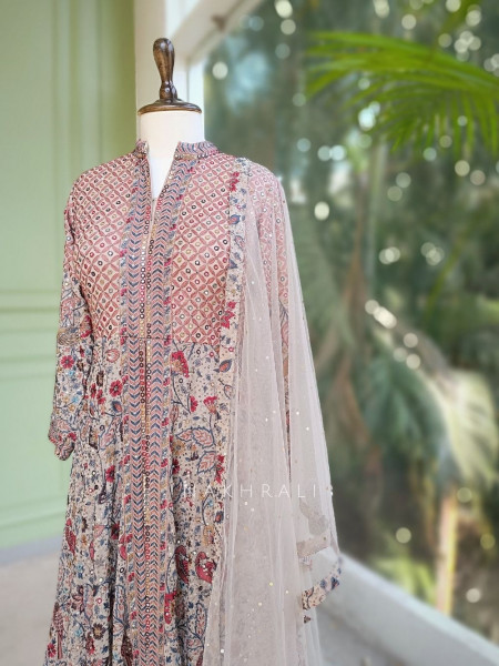 Qymera Beige Printed Anarkali Suit Set with Sequin Embroidery