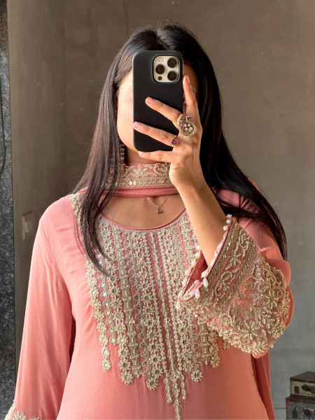 Aarunya Peach Georgette Palazzo Kurta Set with Zari Sequin Work