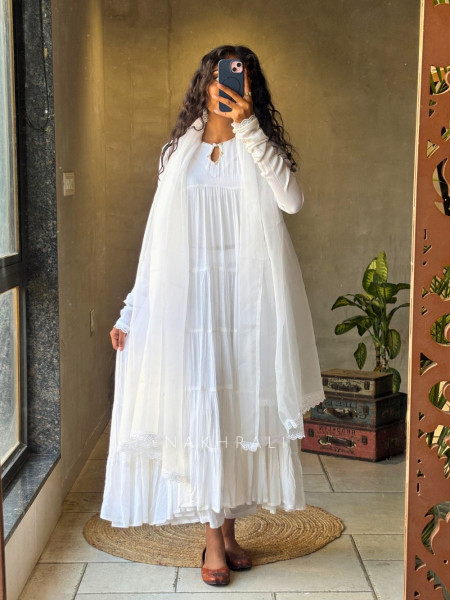 Calira White Cotton Anarkali Suit Set with Organza Dupatta