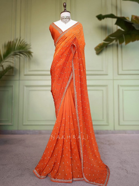 Sangini Orange Saree Zari Butti Work