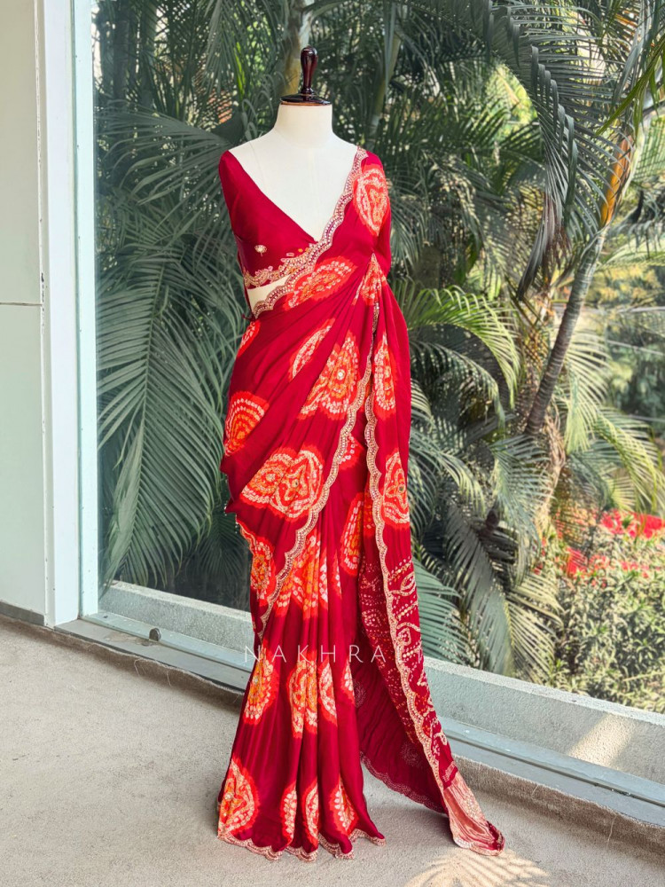 Image of Rangtaal Red Bandhani Saree