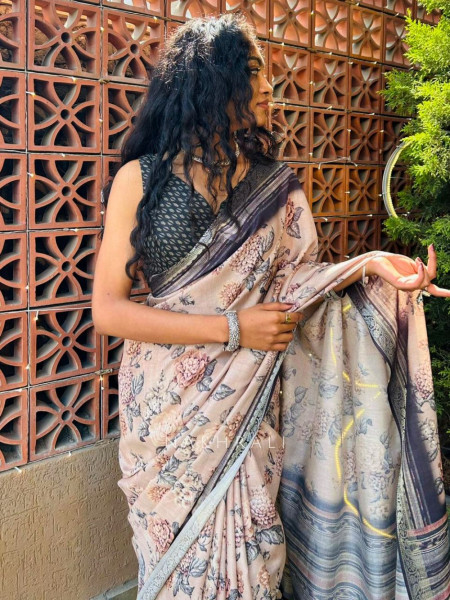 Prisha Beige Floral Print Saree