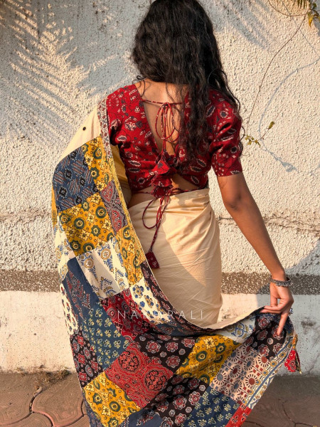 Sootra Cream Cotton Saree with Patchwork Border