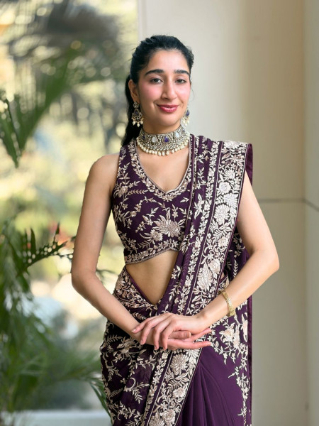 Adaah Wine Georgette Saree with All-Over Embroidery