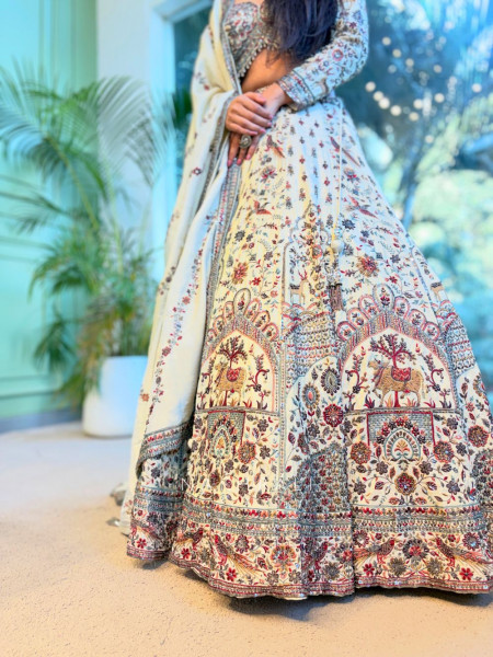 Saumya Cream Embroidered Lehenga with Sequin and Cut Dana Work