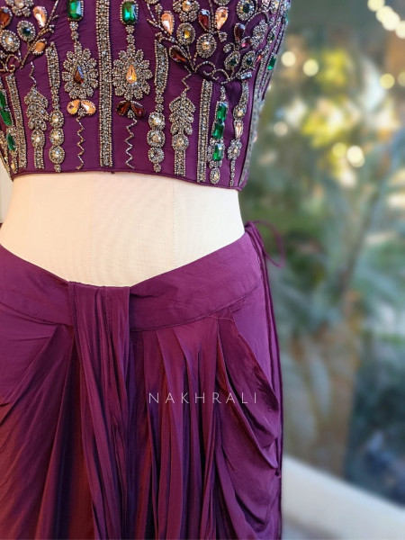 Vireya Wine Pre-Draped Saree with Embellished Blouse