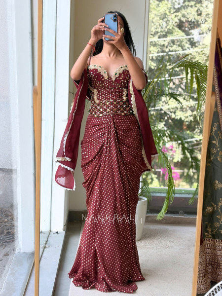 Artifact Brown Indo-Western Corset Crop Top & Pre-Draped Skirt