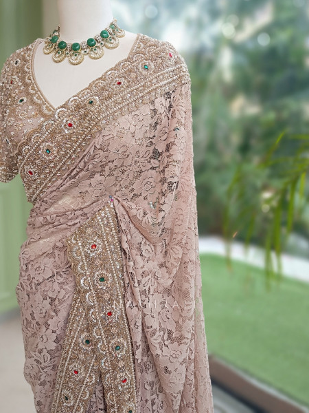 Lunara Beige French Chantilly Lace Designer Saree with Readymade Blouse