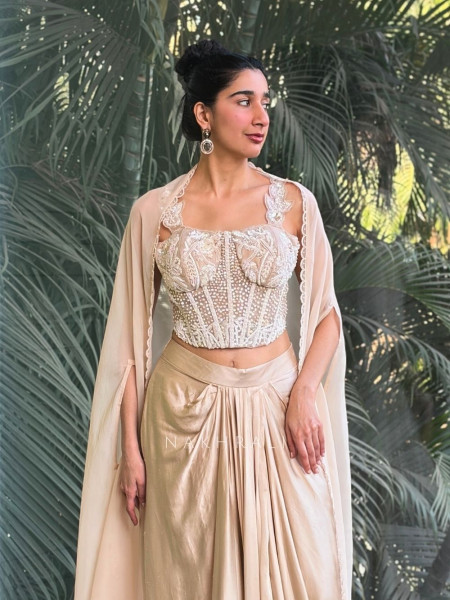 Solenne Beige Corset Skirt Set with Sequin and Cut Dana Work