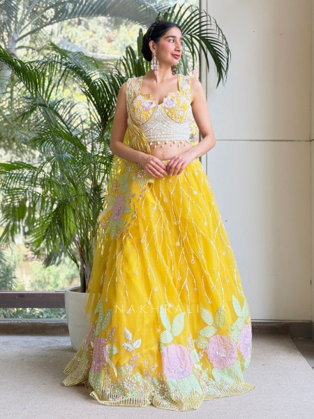 Floral Symphony Yellow Indo-Western Lehenga Set