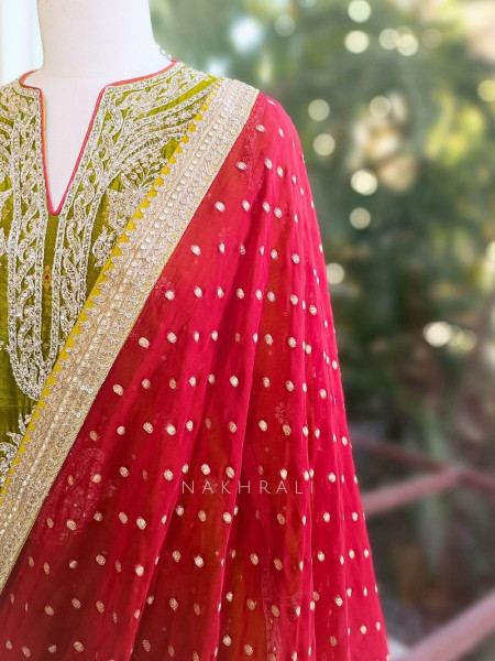 Anokhi Olive Green Zari Sequin Suit Set with Contrast Dupatta