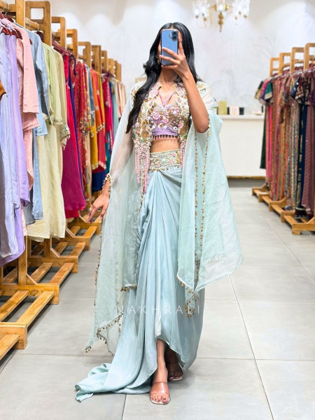 Vyomi Blue Indo Western Crop Top Skirt Set with Multicolor Embroidery