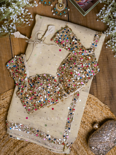 Eclipse Cream Crushed Tissue Saree with Sequin and Pearl Work