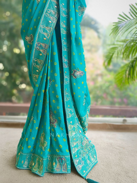 Kavira Rama Green Bandhej Saree with Zari Weaved Border