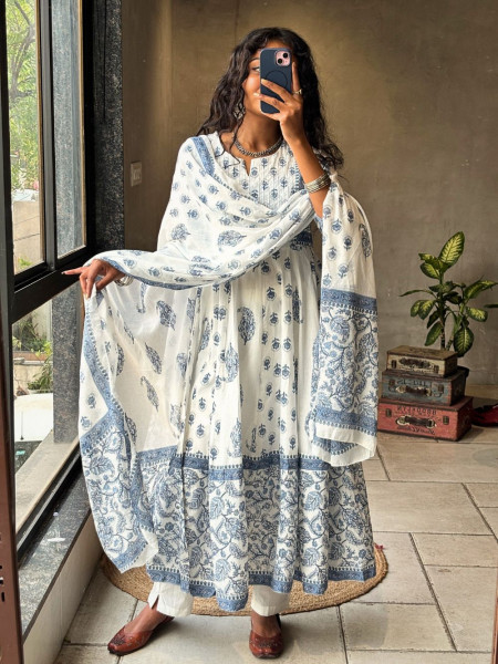 Nerith Blue Cotton Suit Set with Floral Block Print