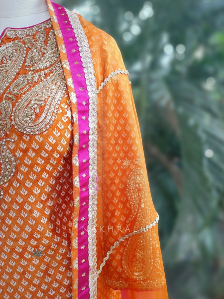 Flare Luxe Orange Gharara Set with Pearl and Sequin Work