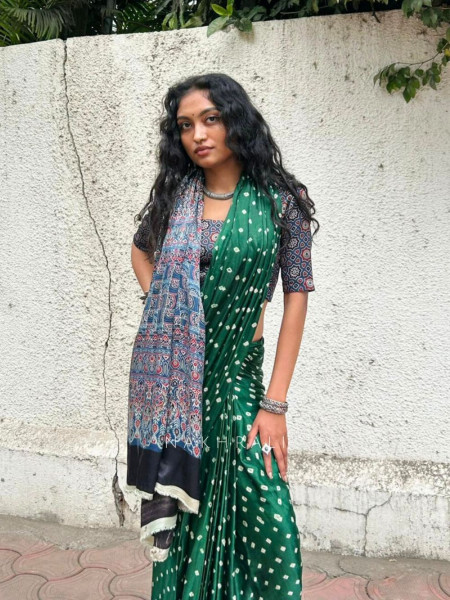 Niyati Green Modal Saree with Ajrakh Pallu