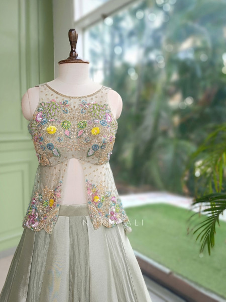 Clover Whisper Pista Green Silk & Net Indo-Western Lehenga