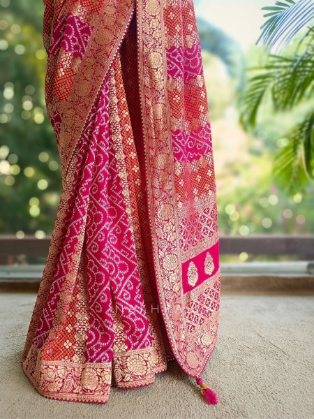 Morbagh Magenta Saree with Bandhani Print and Zari Weaving