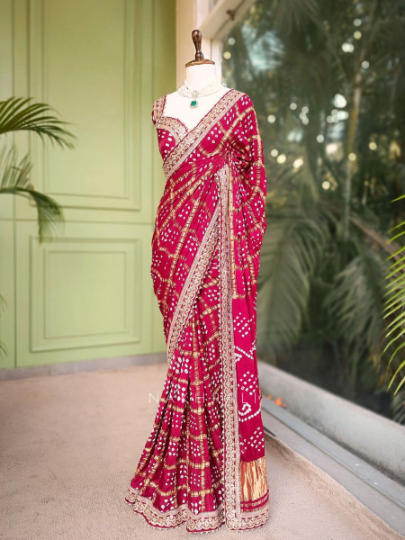 Noor-E-Riwaayat Maroon Bandhani Saree with Zari Border