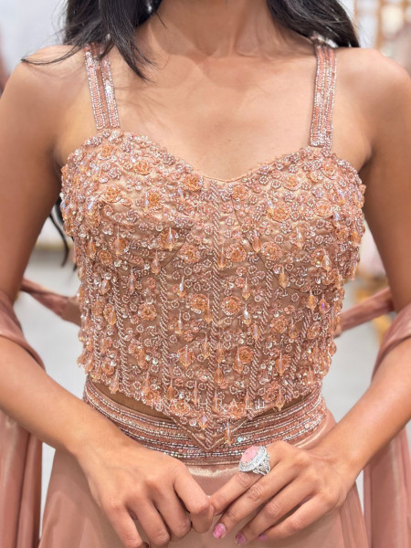 Lunar Glow Peach Corset Lehenga with Cut Dana and Bead Work