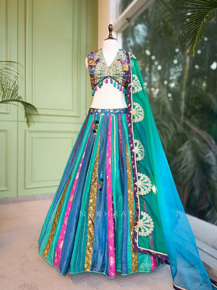 Image of Utsara Blue Multicolour Lehenga Set with Zari Sequin Work