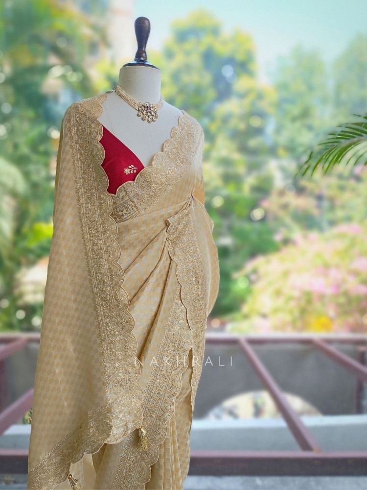 Image of Noor-e-Tarang Golden Checks Weaved Saree with Embroidered Border