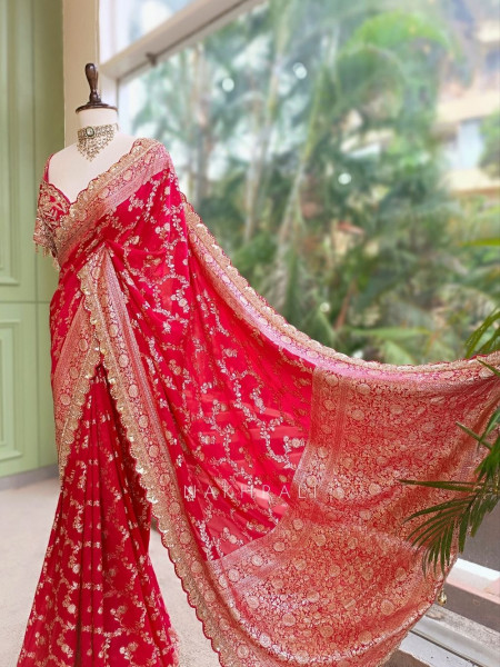 Tarangini Red Banarasi Silk Blend Saree with Readymade Blouse
