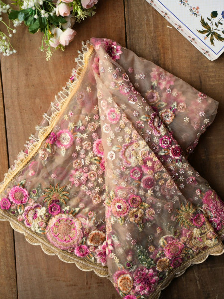 Tiararose Sand Beige Net Floral Embroidered Saree