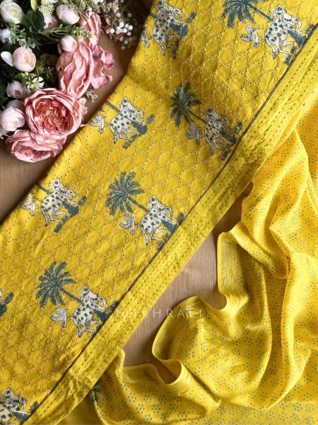 Katha Yellow Printed Dress Material Set
