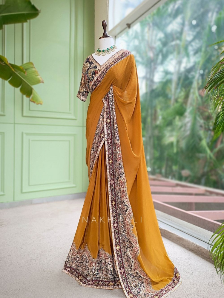 Image of Dhara Mustard Georgette Silk Saree With Kalamkari &amp; Cutdana Work