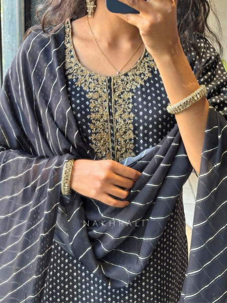 Rivkara Black Bandhej Suit Set with Golden Embroidery and Bead Work