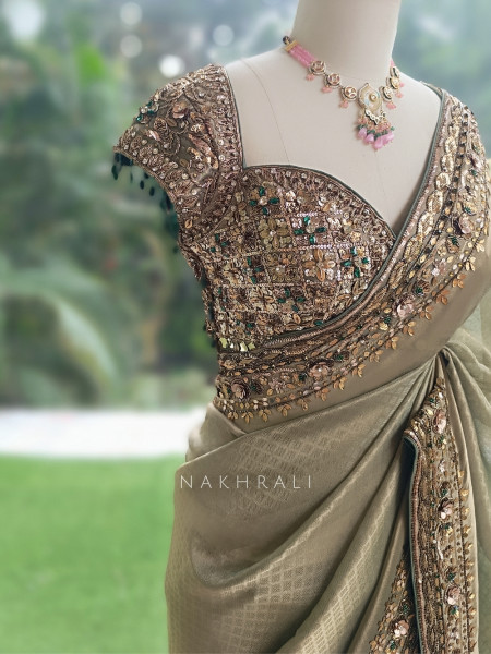 Lustre Trellis Sage Green Tissue Silk Saree with Readymade Blouse