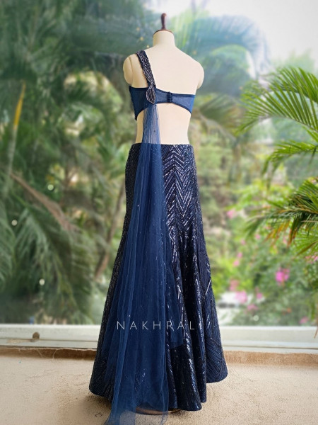 Noir Gleam Blue Sequin Crop Top Skirt Set