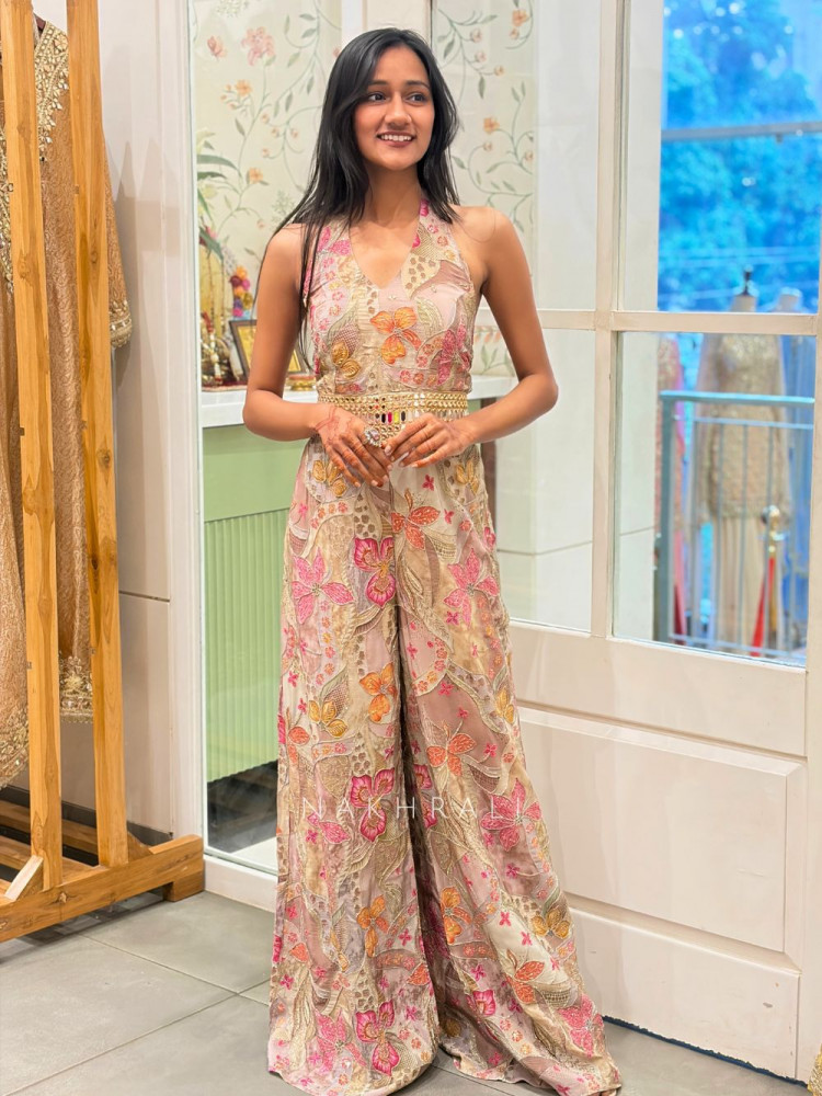 Image of Kavrie Beige Floral Jumpsuit with Embroidery and Mirror Work
