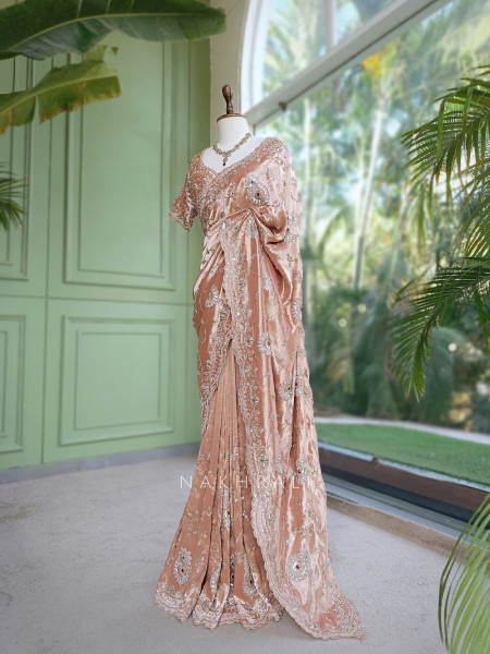 Celestine Peach Crushed Shimmer Silk Tissue & Silk Georgette Blend Saree