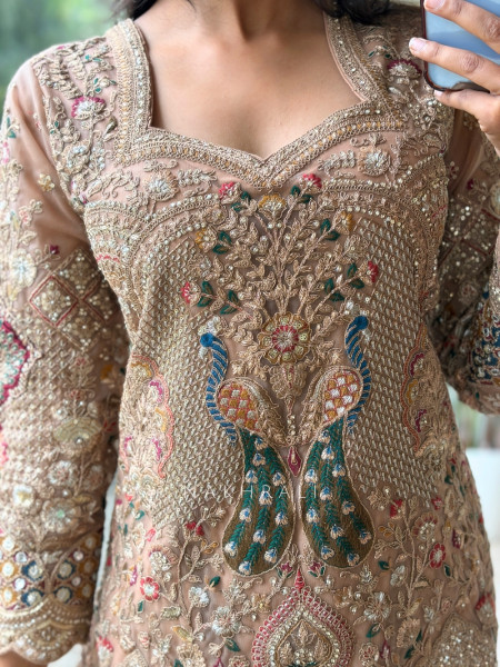 Gilded Heirloom Beige Tulle Net & Satin Silk Sharara Suit Set