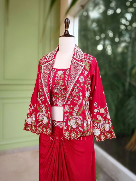 Kavira Red Embroidered Crop Top Skirt with Jacket Set