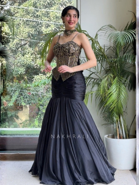 Onyx Black Matte Silk & Crepe Indo-Western Skirt Set