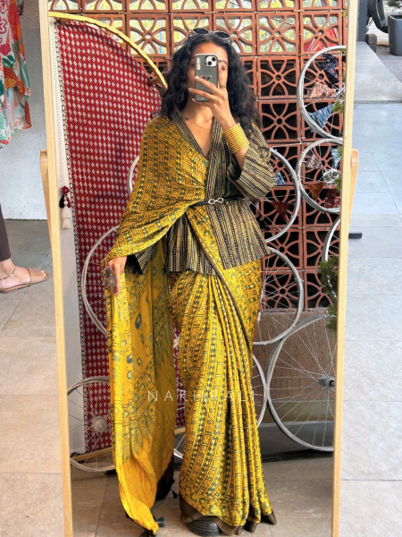 Aira Mustard Modal Ajrak Saree with Traditional Print