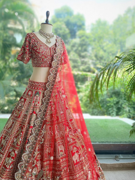 Shahi Vivah Bridal Red Raw Silk Bridal Lehenga Set With Zardozi, Pitta & Resham Work