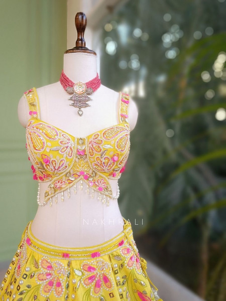 Yavika Yellow Floral Lehenga Set with Sequin and Bead Work